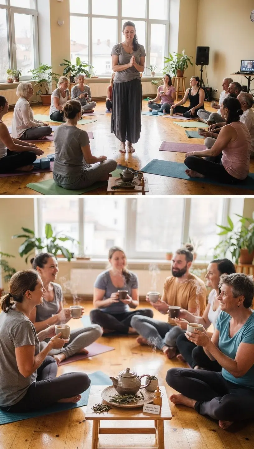 Alyvuogių lapų arbata, skirta kraujo spaudimo reguliavimui, su natūraliomis medžiagomis.