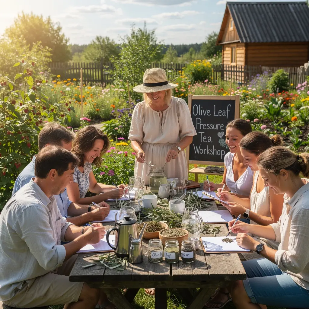 Mediterranean stiliaus arbatos puodelis su alyvuogių lapų ekstraktu, šviežiais žalumynais.