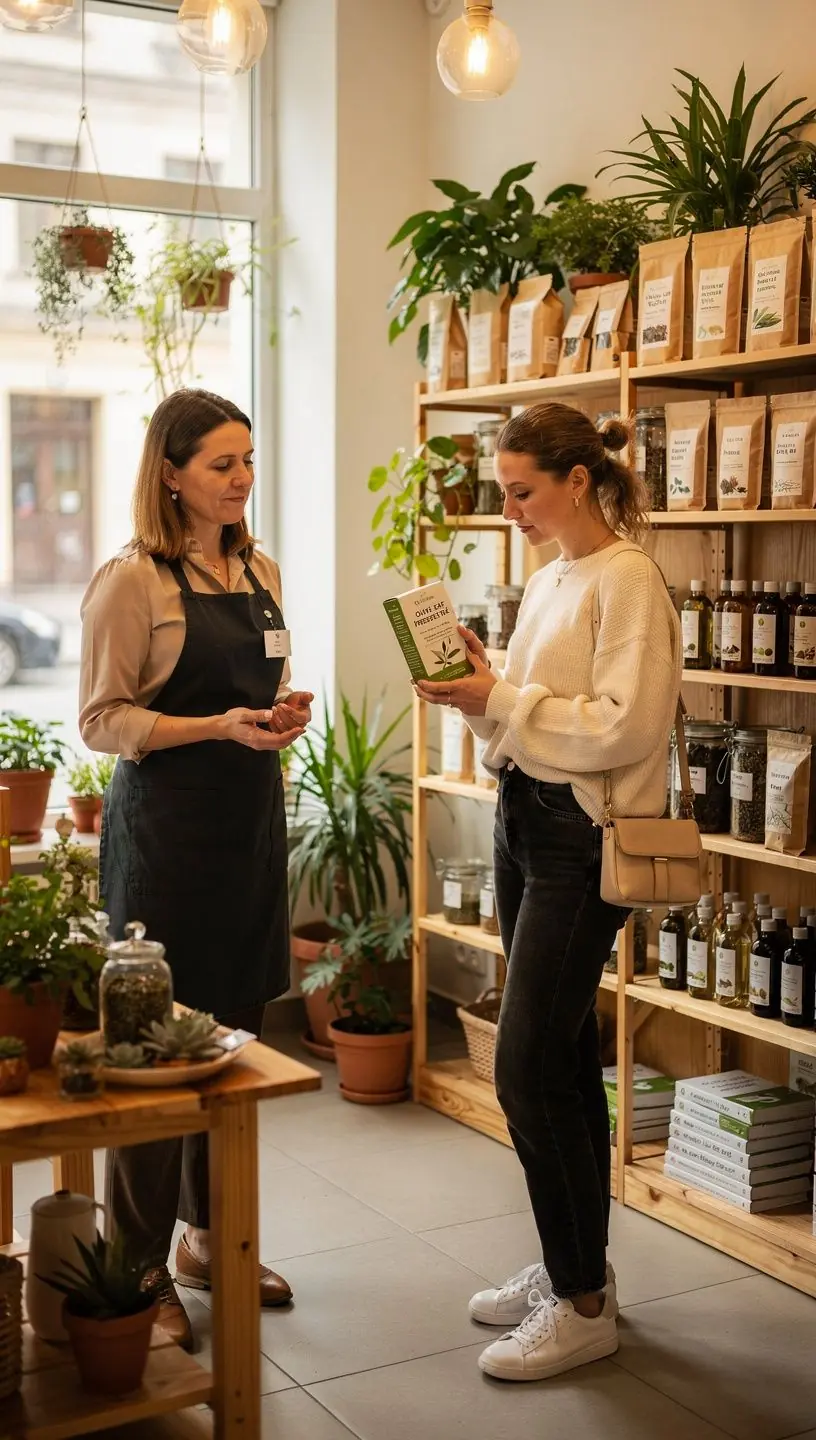 Alyvuogių lapų arbatos ingredientai, įskaitant džiovintus lapus ir žoleles, išdėstyti ant stalo.