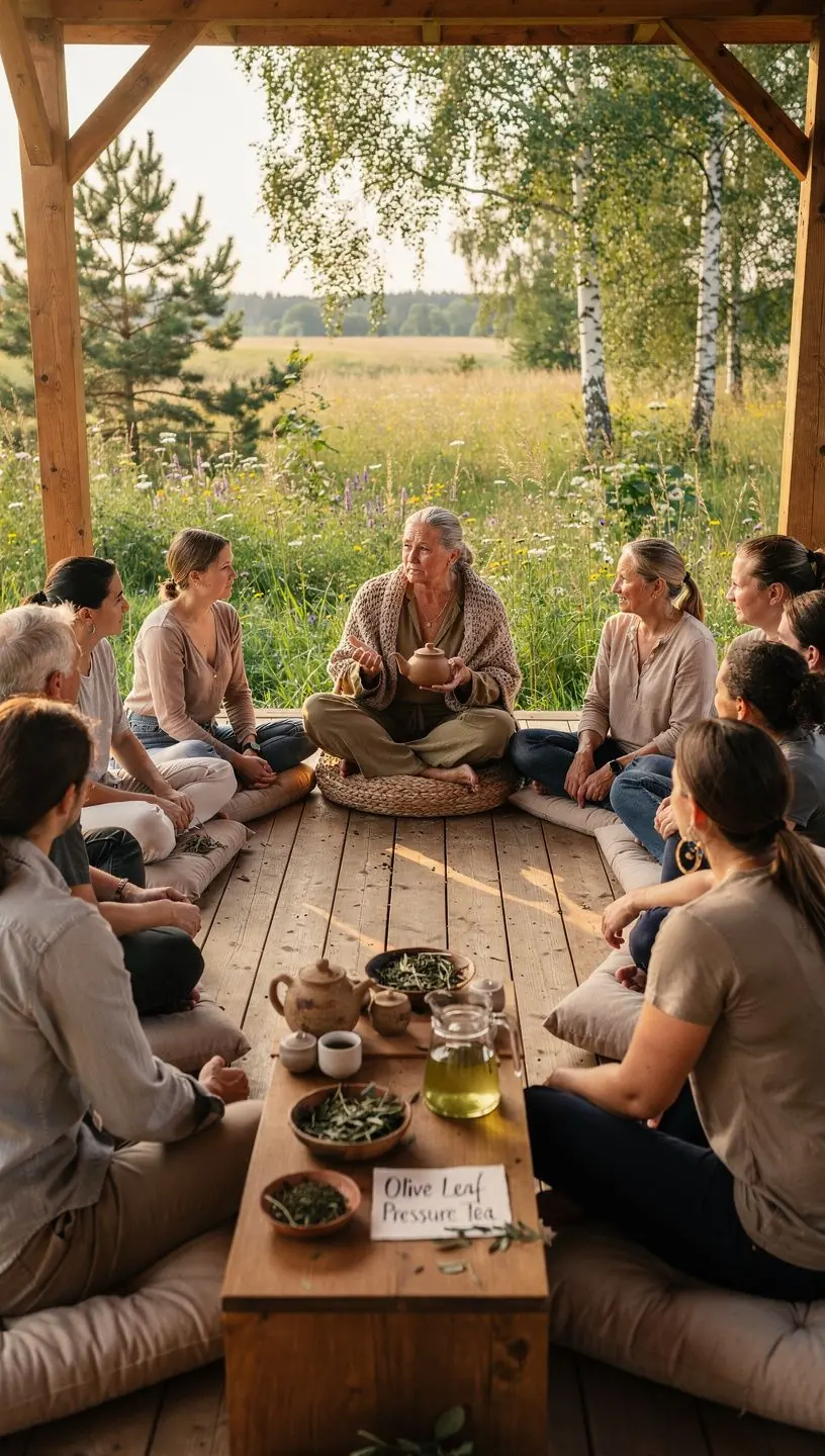 Raminanti alyvuogių lapų arbatos scena, rodanti puodelius ir natūralias žaliavas.
