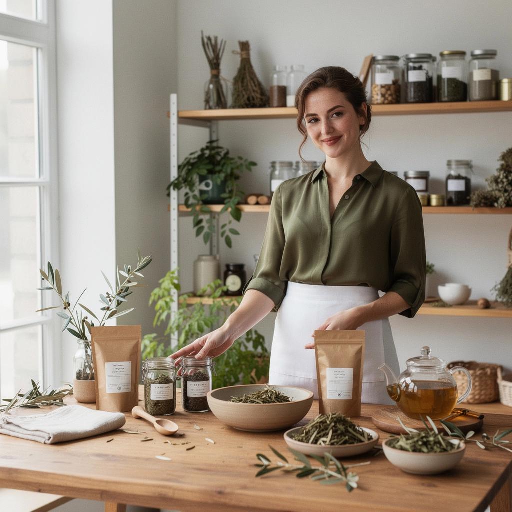 Alyvų lapų arbatos pakuotė su informacija apie sveikatingumo naudą.